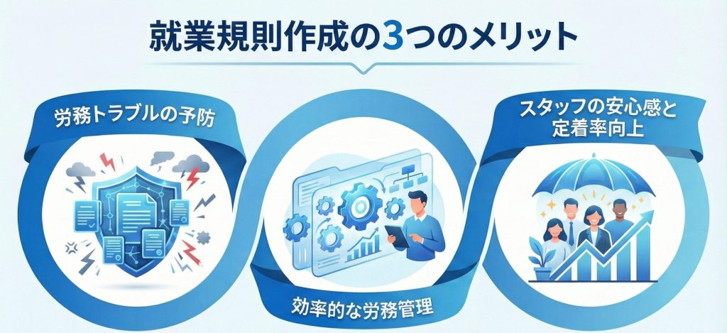 就業規則作成の3つのメリット解説イメージ図