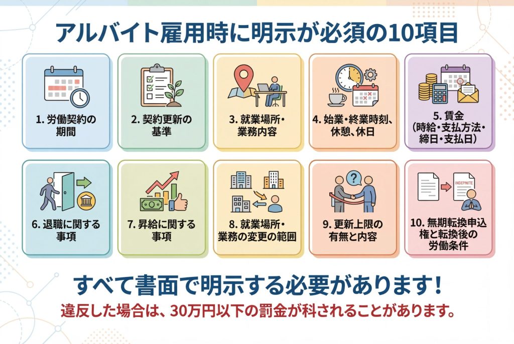 雇用時に明示すべき10項目の一覧図