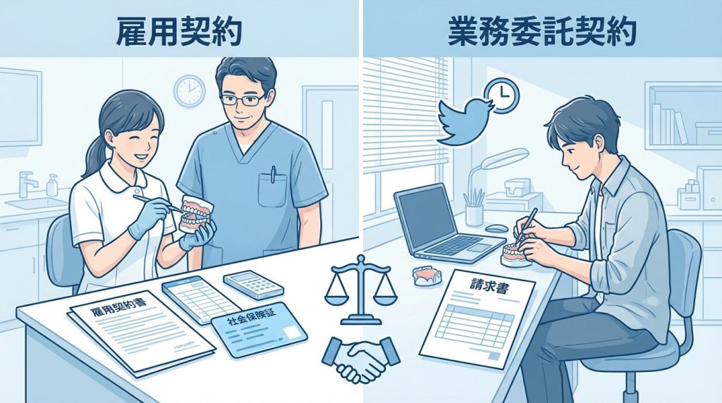 歯科技工士の雇用契約と業務委託契約の比較イラスト