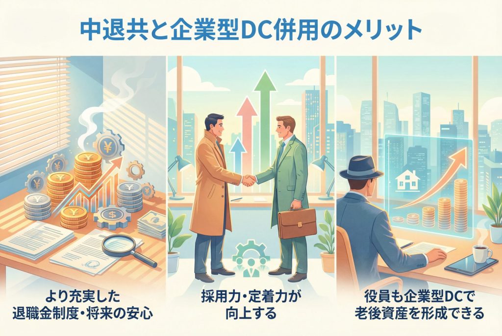 中退共と企業型DCを併用した場合のメリット、・退職金制度が手厚くなる・採用力、定着力が向上する・役員も企業型DCで老後資産を形成できるを図で解説
