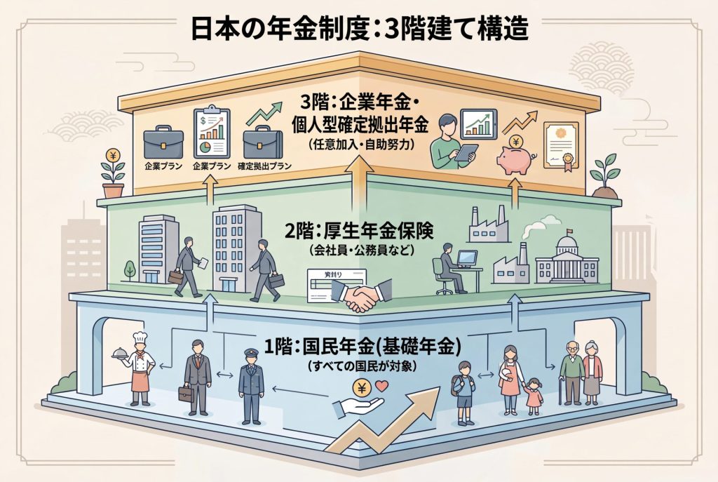 日本の年金制度が「3階建て」であることを表したイメージ図