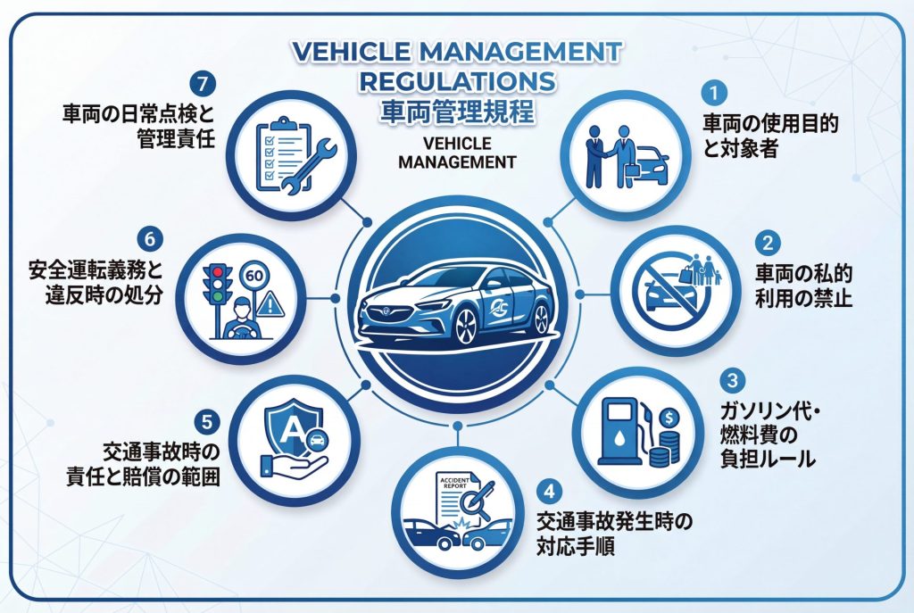 訪問歯科診療で車両管理規程に必ず記載すべき7項目
1. 車両の使用目的と対象者
2. 車両の私的利用の禁止
3. ガソリン代・燃料費の負担ルール
4. 交通事故発生時の対応手順
5. 交通事故時の責任と賠償の範囲
6. 安全運転義務と違反時の処分
7. 車両の日常点検と管理責任
をイメージ図にしたもの