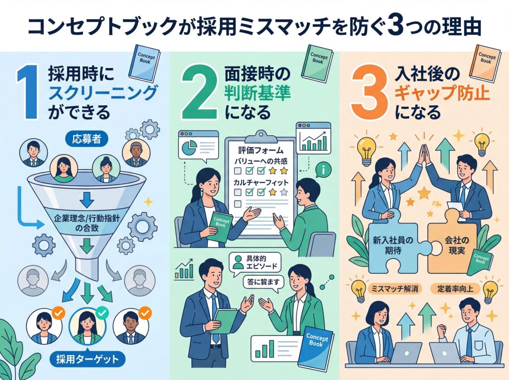 コンセプトブックで採用ミスマッチが防げる3つの理由のイラスト図