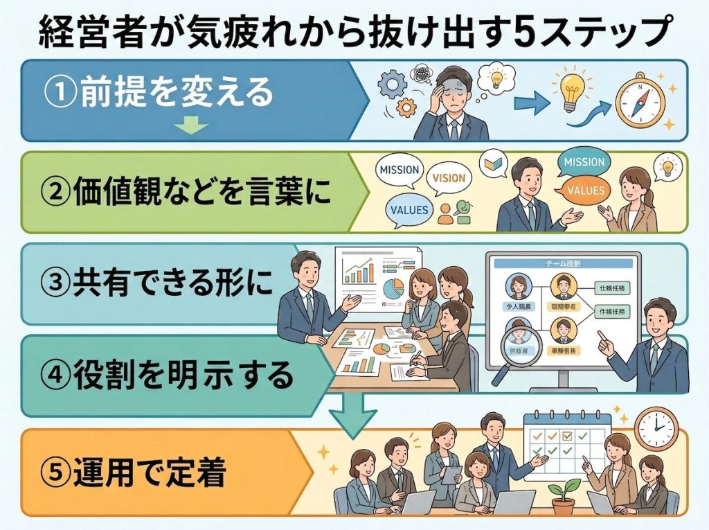 社長・院長がスタッフとの関係性の”気疲れ”から抜け出す5つのステップの図